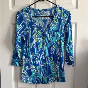 Lilly Pulitzer Blue Crush Palmetto Beachy Coastal Cotton Blouse Top Size S